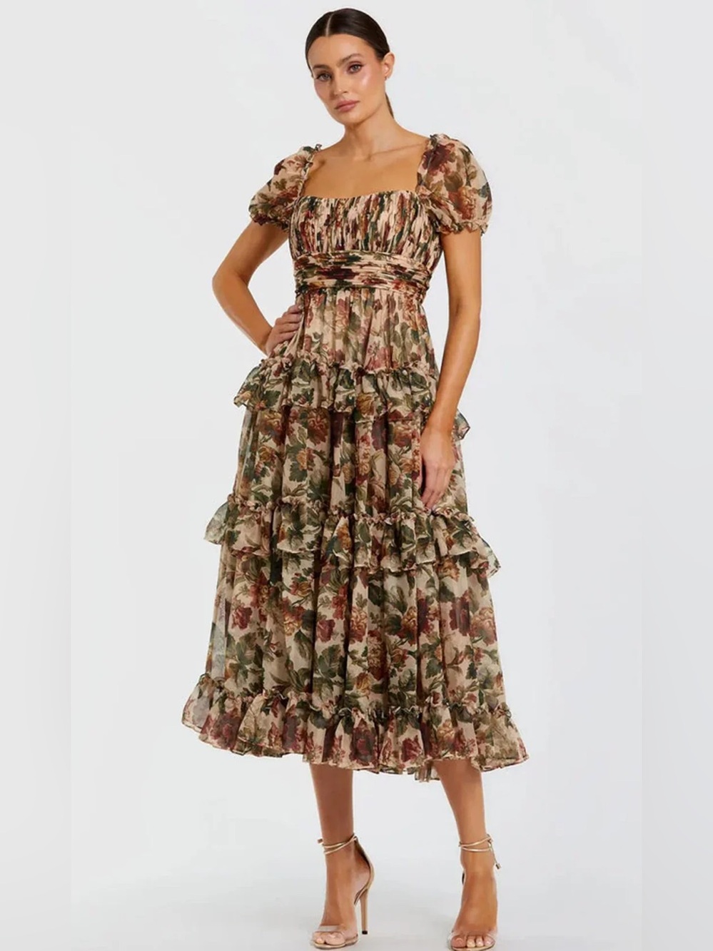 Mac Duggal Beige Chiffon Ruffle A Line Midi Dress with Puff Sleeves Size 8